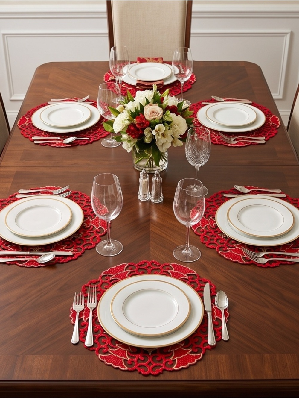 Title: Decozen Gold Lace Red Doilies / Imperial Red Embroidered Placemats 3 pice
